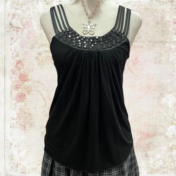 Y2K Black Beaded Strappy Tank Top - Picture 1 of 6